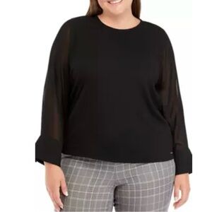 NWT Calvin Klein Black Chiffon boat neck top with sheer sleeves